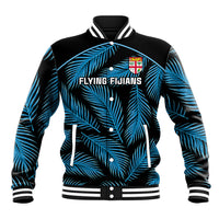 Custom Fiji Rugby Baseball Jacket Flying Fijians Blue Palm Tree Version LT01 Unisex Black - Polynesian Pride