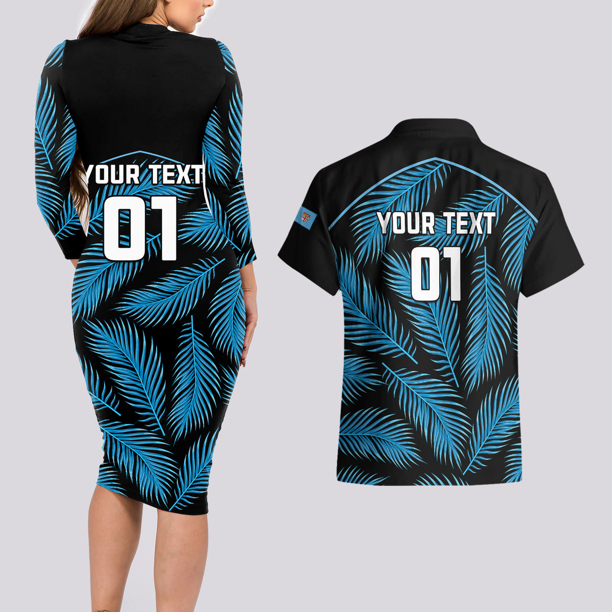 custom-fiji-rugby-couples-matching-long-sleeve-bodycon-dress-and-hawaiian-shirt-flying-fijians-blue-palm-tree-version