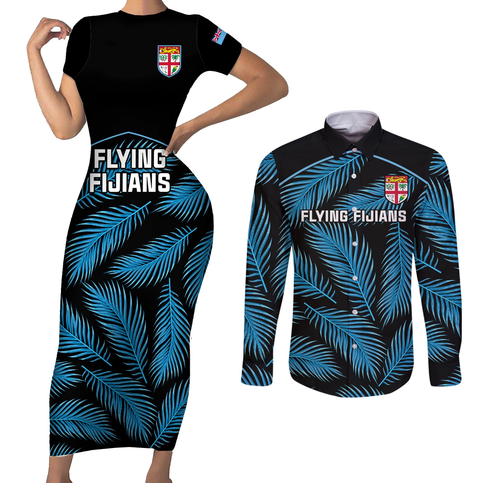 custom-fiji-rugby-couples-matching-short-sleeve-bodycon-dress-and-long-sleeve-button-shirts-flying-fijians-blue-palm-tree-version