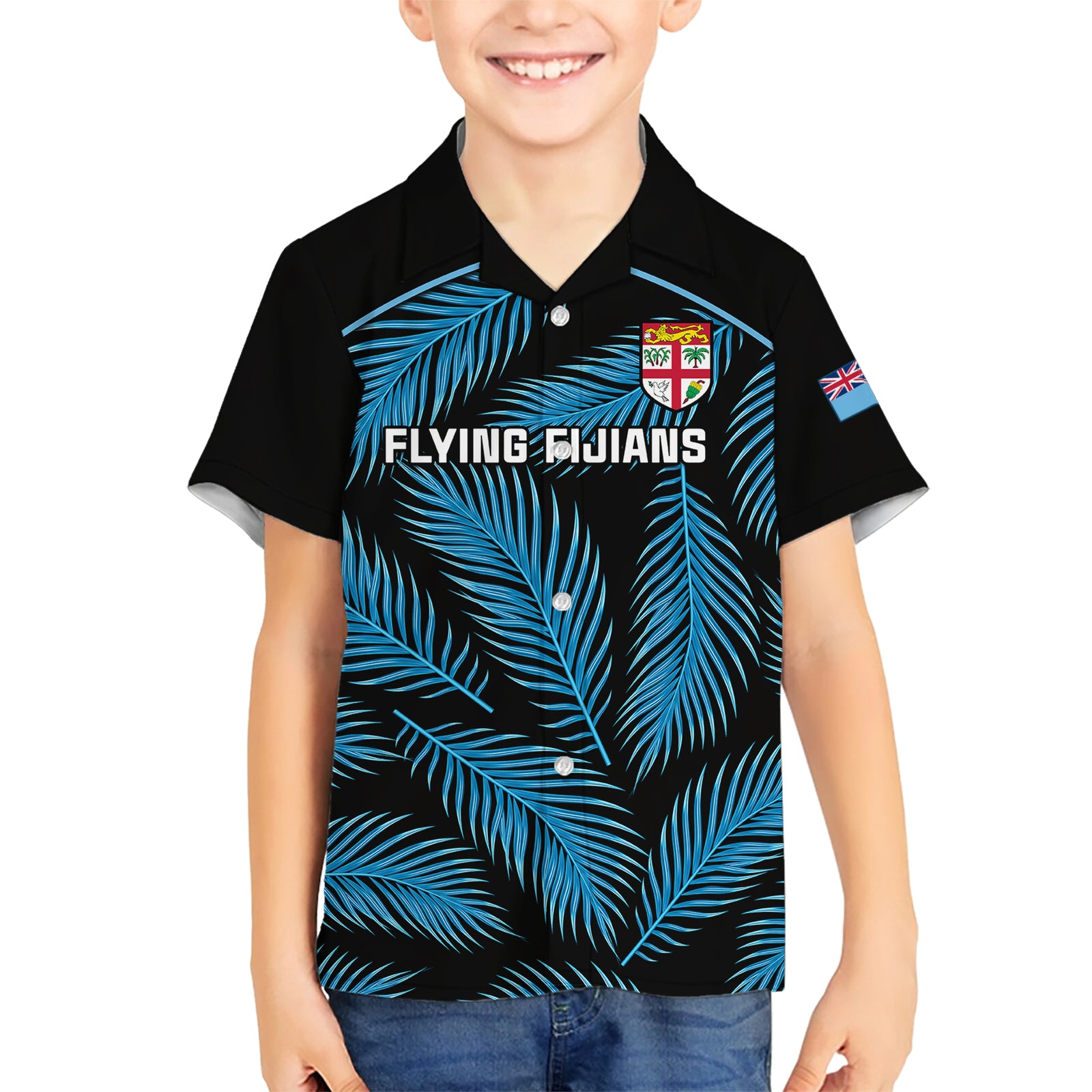 Custom Fiji Rugby Kid Hawaiian Shirt Flying Fijians Blue Palm Tree Version LT01 Kid Black - Polynesian Pride