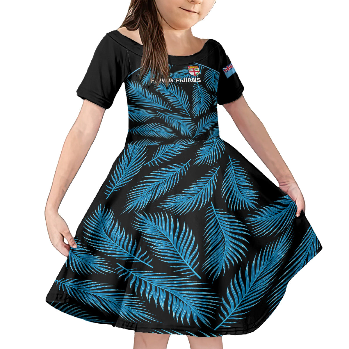 custom-fiji-rugby-kid-short-sleeve-dress-flying-fijians-blue-palm-tree-version