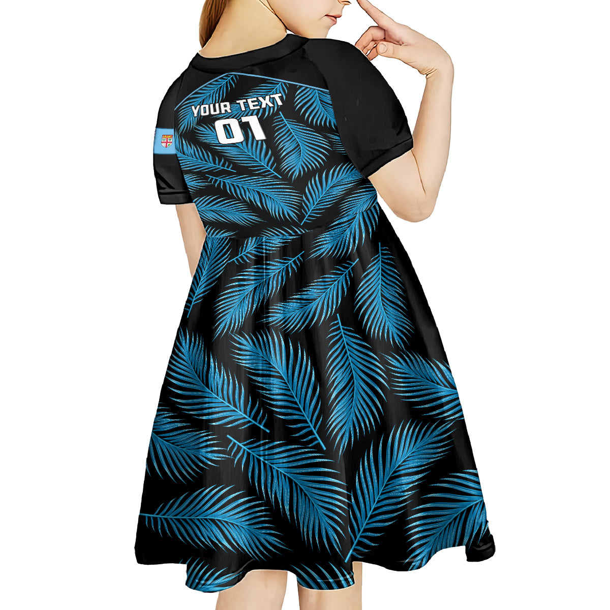 Custom Fiji Rugby Kid Short Sleeve Dress Flying Fijians Blue Palm Tree Version LT01 - Polynesian Pride