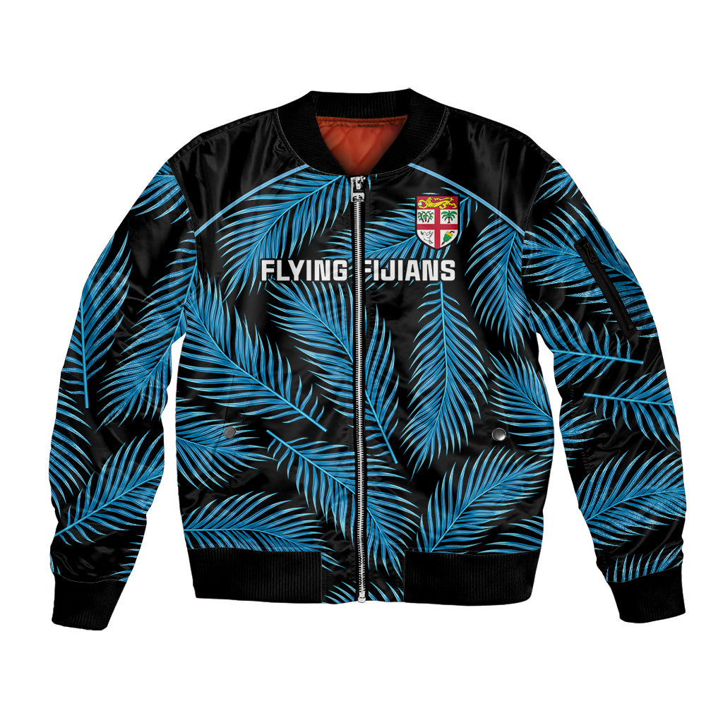 Custom Fiji Rugby Sleeve Zip Bomber Jacket Flying Fijians Blue Palm Tree Version LT01 Unisex Black - Polynesian Pride