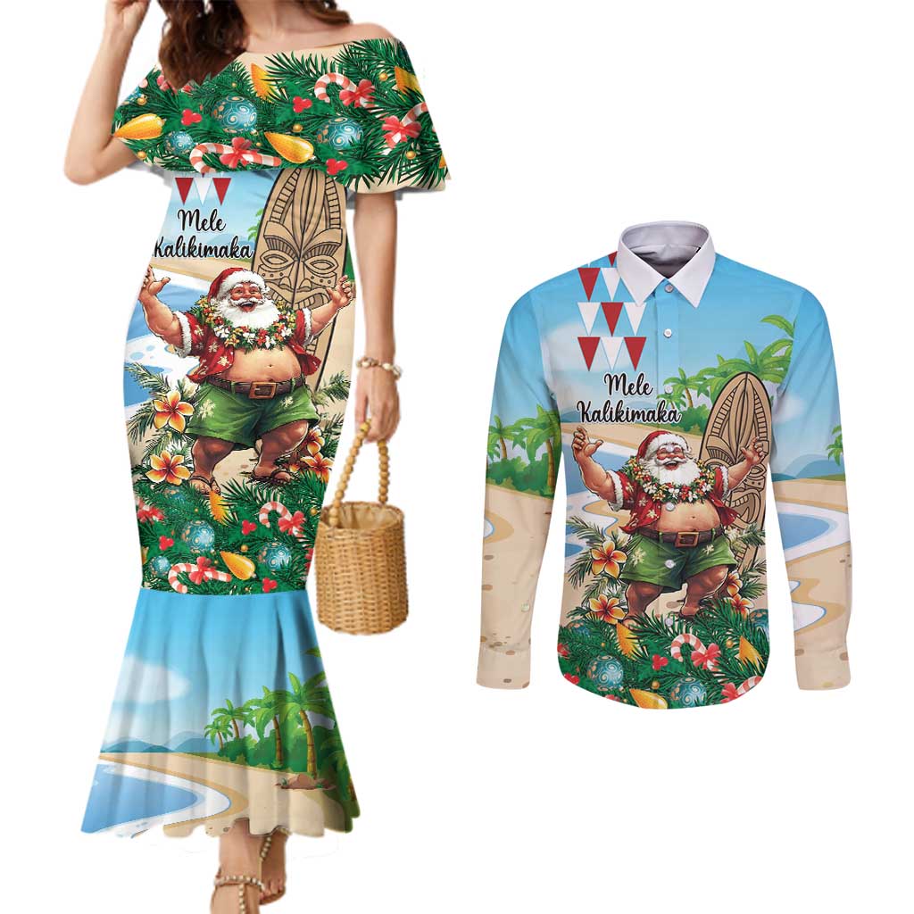 Hawaii Christmas Santa Claus Couples Matching Mermaid Dress and Long Sleeve Button Shirt Mele Kalikimaka Tropical Beach LT01 Art - Polynesian Pride