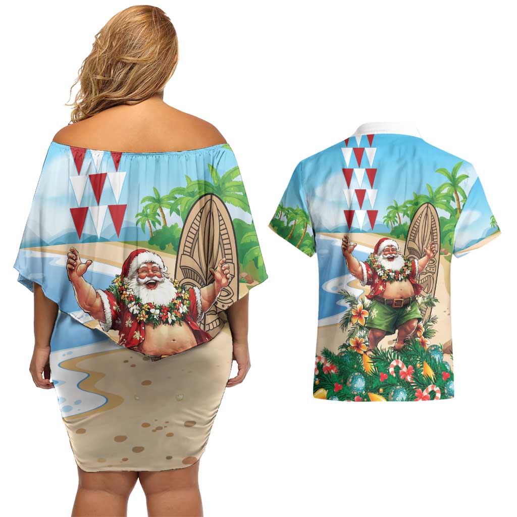 Hawaii Christmas Santa Claus Couples Matching Off Shoulder Short Dress and Hawaiian Shirt Mele Kalikimaka Tropical Beach