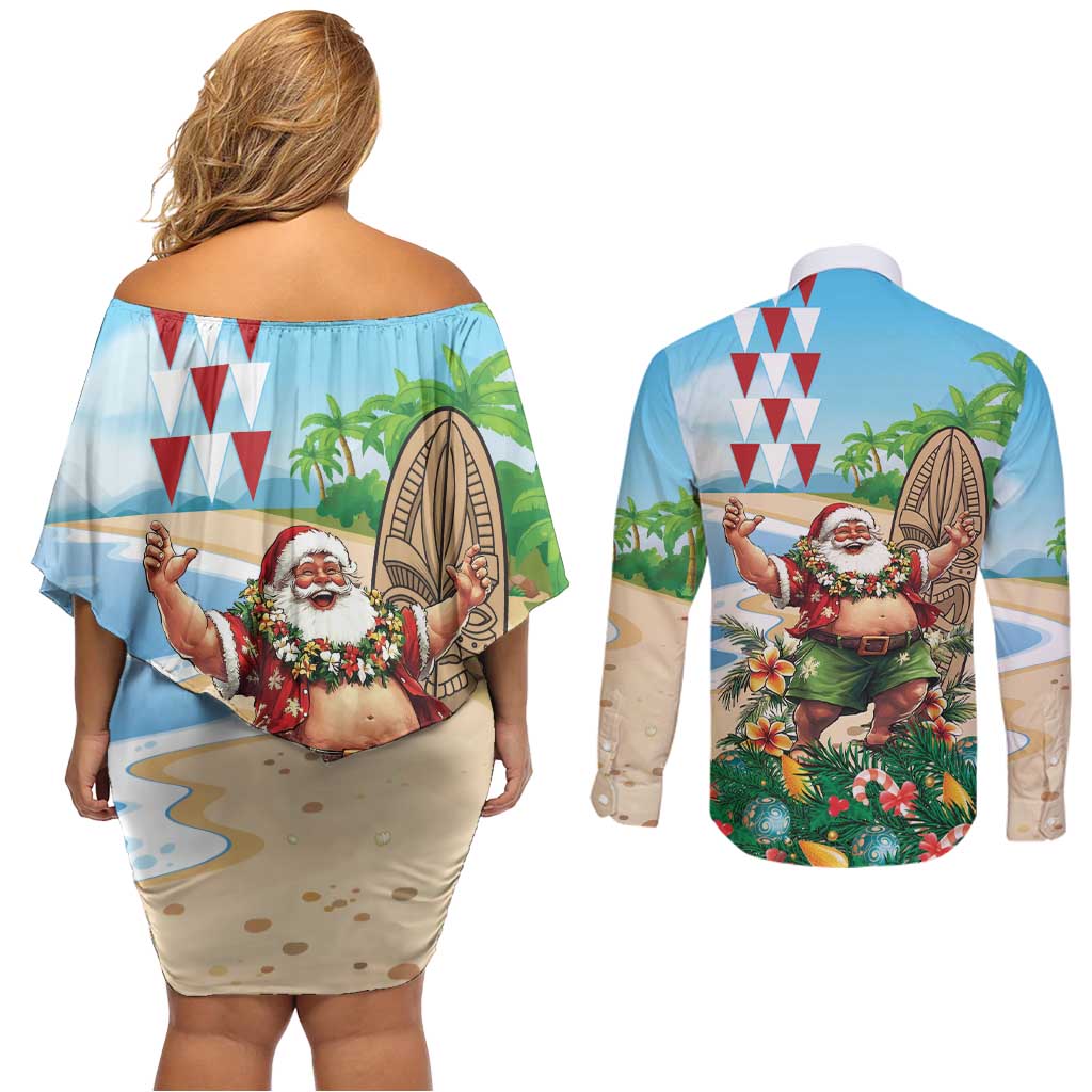 Hawaii Christmas Santa Claus Couples Matching Off Shoulder Short Dress and Long Sleeve Button Shirt Mele Kalikimaka Tropical Beach