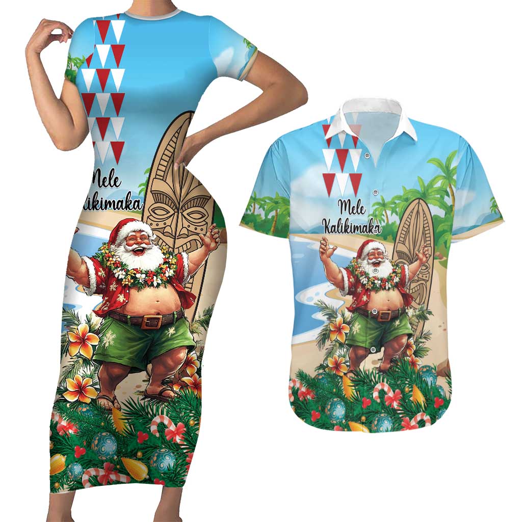 Hawaii Christmas Santa Claus Couples Matching Short Sleeve Bodycon Dress and Hawaiian Shirt Mele Kalikimaka Tropical Beach