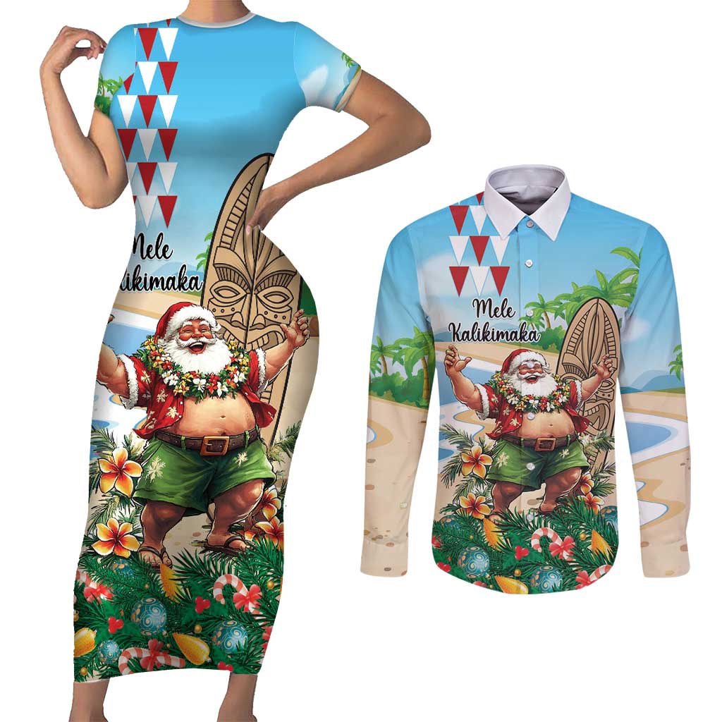 Hawaii Christmas Santa Claus Couples Matching Short Sleeve Bodycon Dress and Long Sleeve Button Shirt Mele Kalikimaka Tropical Beach LT01 Art - Polynesian Pride