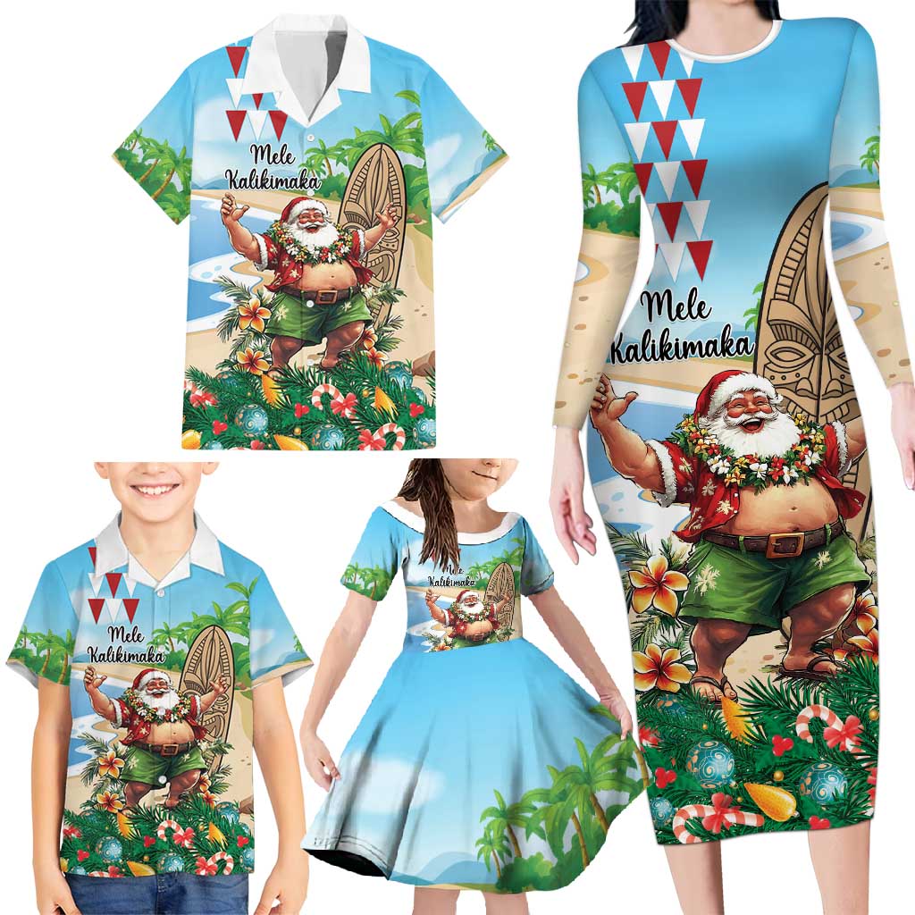 Hawaii Christmas Santa Claus Family Matching Long Sleeve Bodycon Dress and Hawaiian Shirt Mele Kalikimaka Tropical Beach