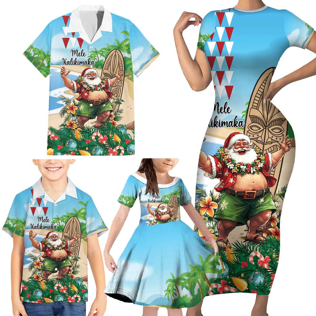 Hawaii Christmas Santa Claus Family Matching Short Sleeve Bodycon Dress and Hawaiian Shirt Mele Kalikimaka Tropical Beach