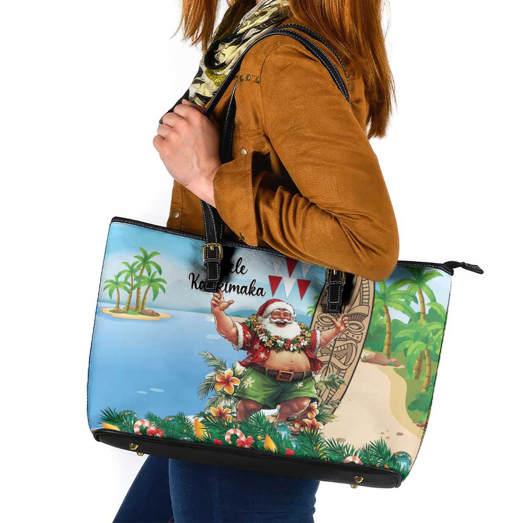 Hawaii Christmas Santa Claus Leather Tote Bag Mele Kalikimaka Tropical Beach LT01 Art - Polynesian Pride