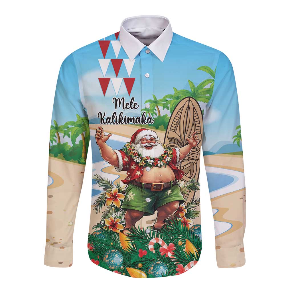 Hawaii Christmas Santa Claus Long Sleeve Button Shirt Mele Kalikimaka Tropical Beach