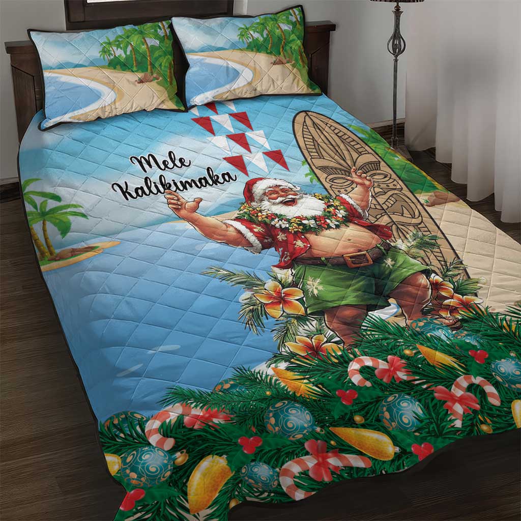 Hawaii Christmas Santa Claus Quilt Bed Set Mele Kalikimaka Tropical Beach