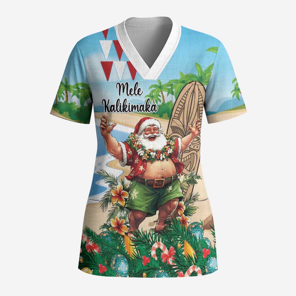 Hawaii Christmas Santa Claus Scrub Top Mele Kalikimaka Tropical Beach - Polynesian Pride
