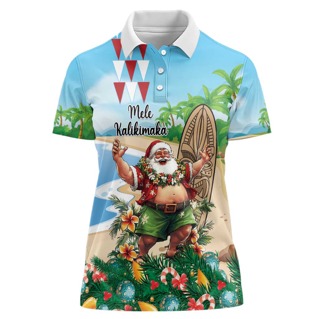 Hawaii Christmas Santa Claus Women Polo Shirt Mele Kalikimaka Tropical Beach