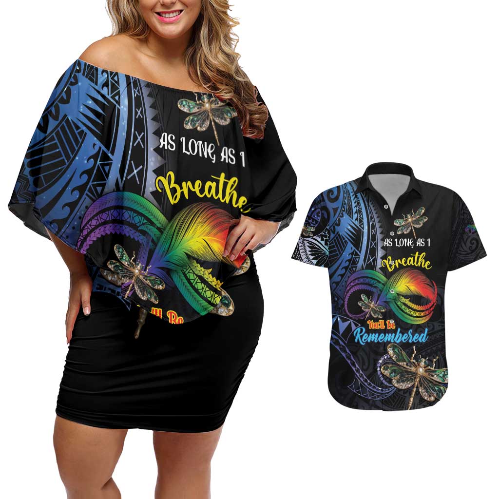 Personalised Polynesian Memorial Couples Matching Off Shoulder Short Dress and Hawaiian Shirt As Long As I Breathe You'll Be Remembered LT01 Colorful - Polynesian Pride