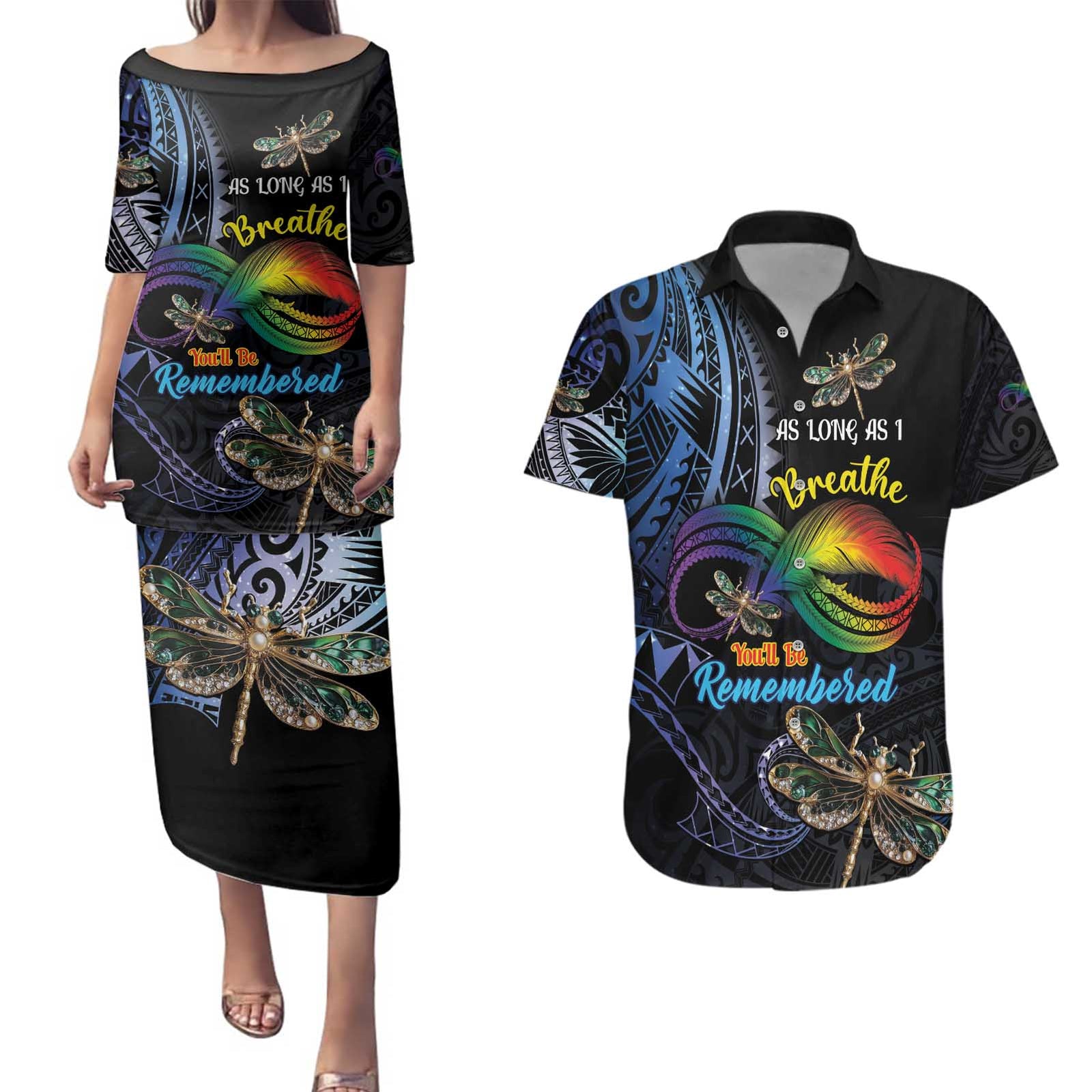 Personalised Polynesian Memorial Couples Matching Puletasi and Hawaiian Shirt As Long As I Breathe You'll Be Remembered LT01 Colorful - Polynesian Pride