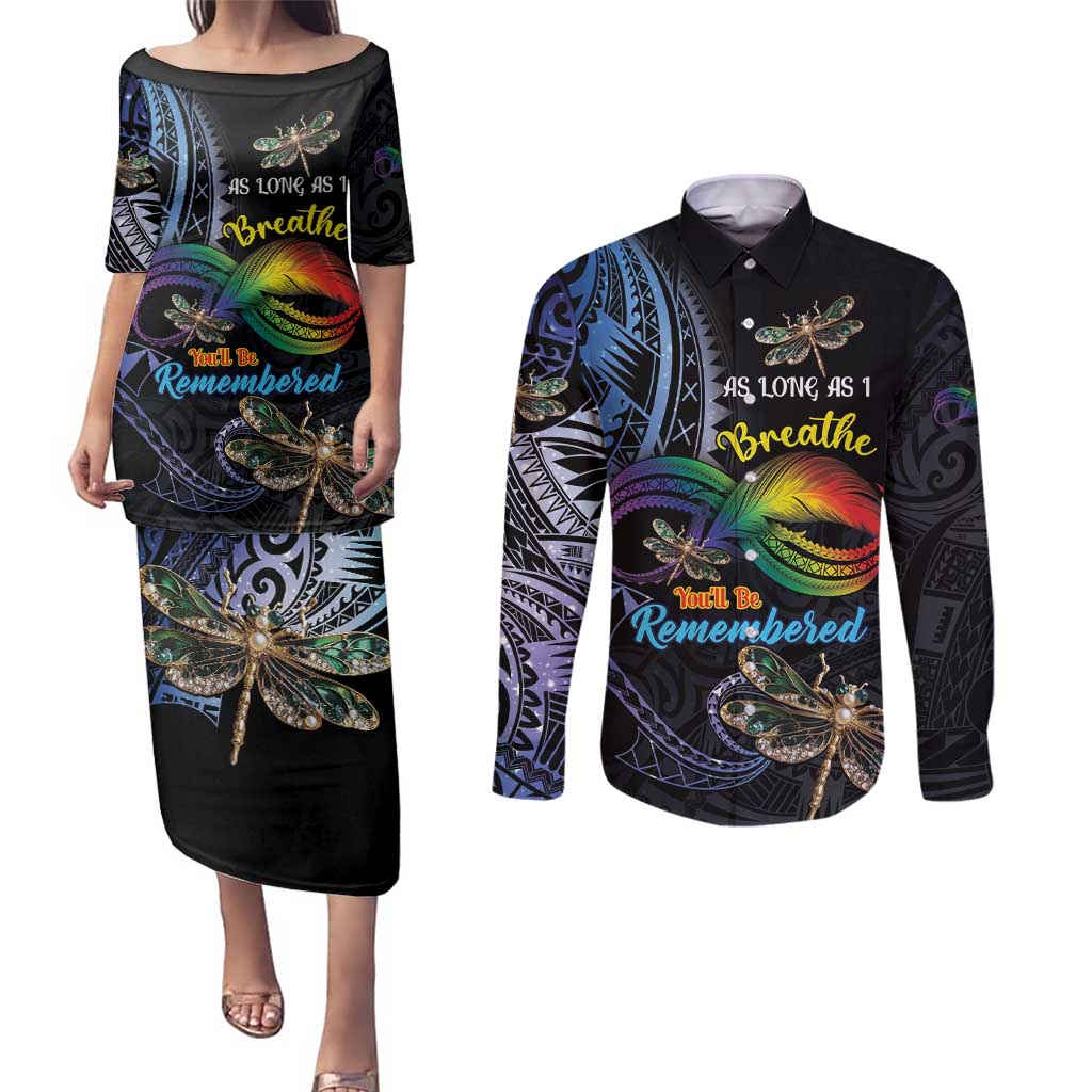 Personalised Polynesian Memorial Couples Matching Puletasi and Long Sleeve Button Shirt As Long As I Breathe You'll Be Remembered LT01 Colorful - Polynesian Pride