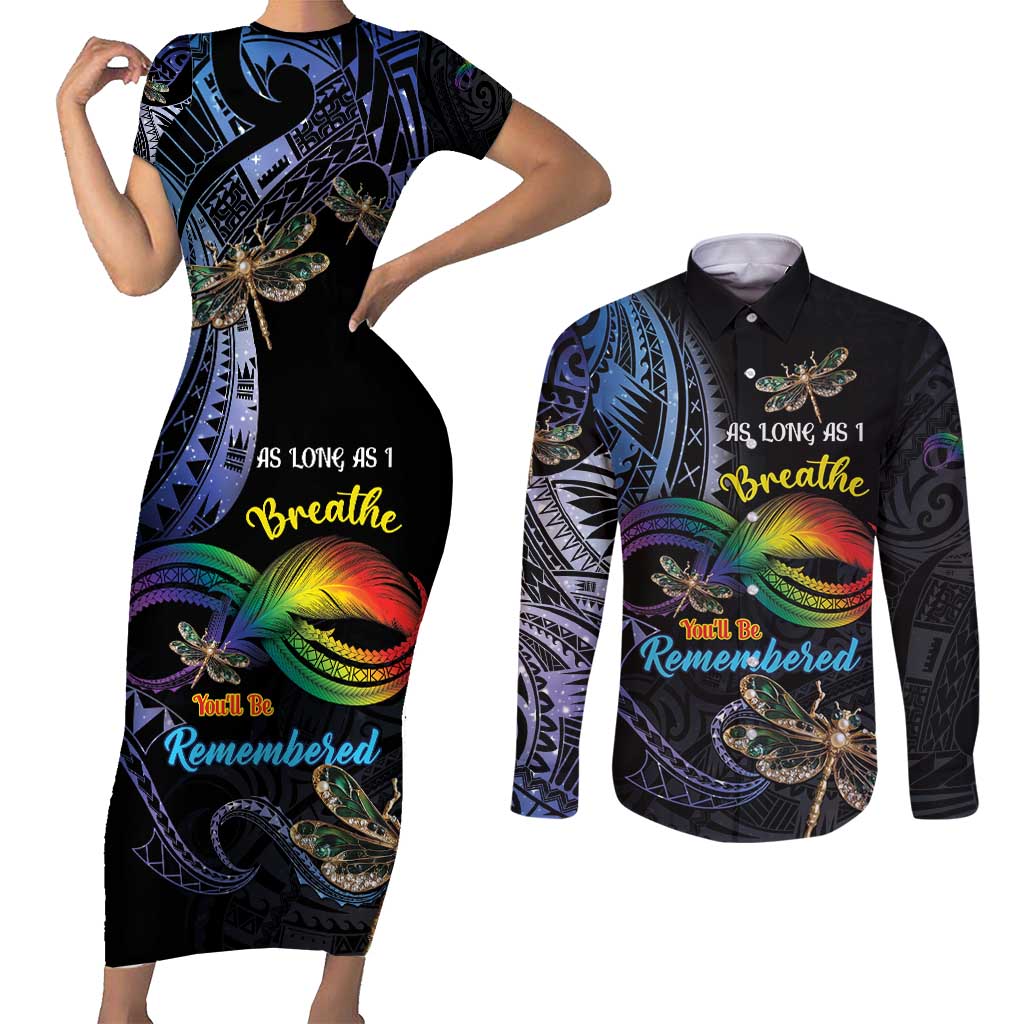 Personalised Polynesian Memorial Couples Matching Short Sleeve Bodycon Dress and Long Sleeve Button Shirt As Long As I Breathe You'll Be Remembered LT01 Colorful - Polynesian Pride