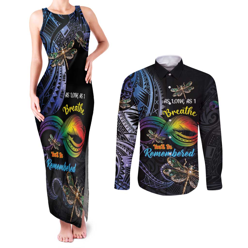 Personalised Polynesian Memorial Couples Matching Tank Maxi Dress and Long Sleeve Button Shirt As Long As I Breathe You'll Be Remembered LT01 Colorful - Polynesian Pride