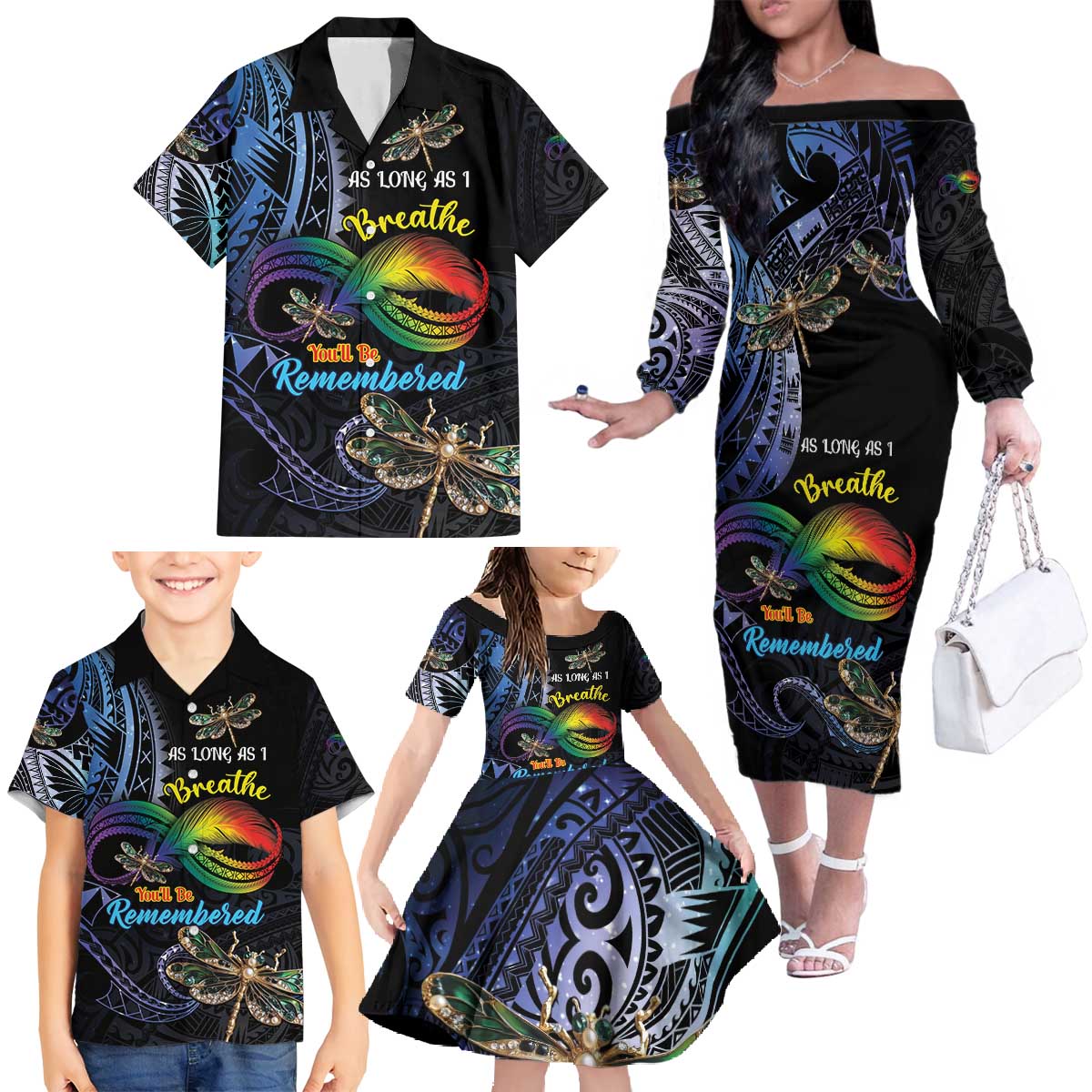 Personalised Polynesian Memorial Family Matching Off The Shoulder Long Sleeve Dress and Hawaiian Shirt As Long As I Breathe You'll Be Remembered