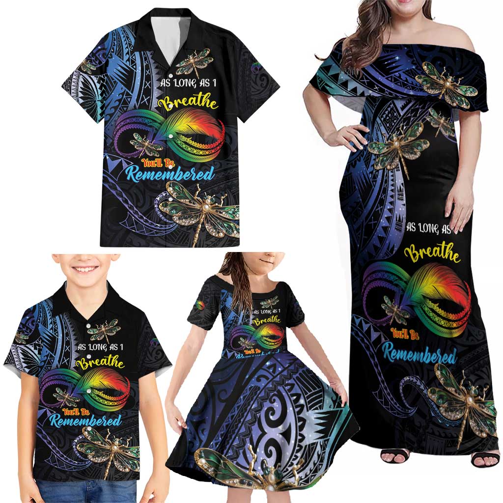 Personalised Polynesian Memorial Family Matching Off Shoulder Maxi Dress and Hawaiian Shirt As Long As I Breathe You'll Be Remembered