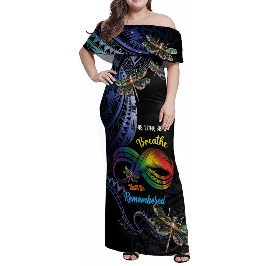 Personalised Polynesian Memorial Family Matching Off Shoulder Maxi Dress and Hawaiian Shirt As Long As I Breathe You'll Be Remembered