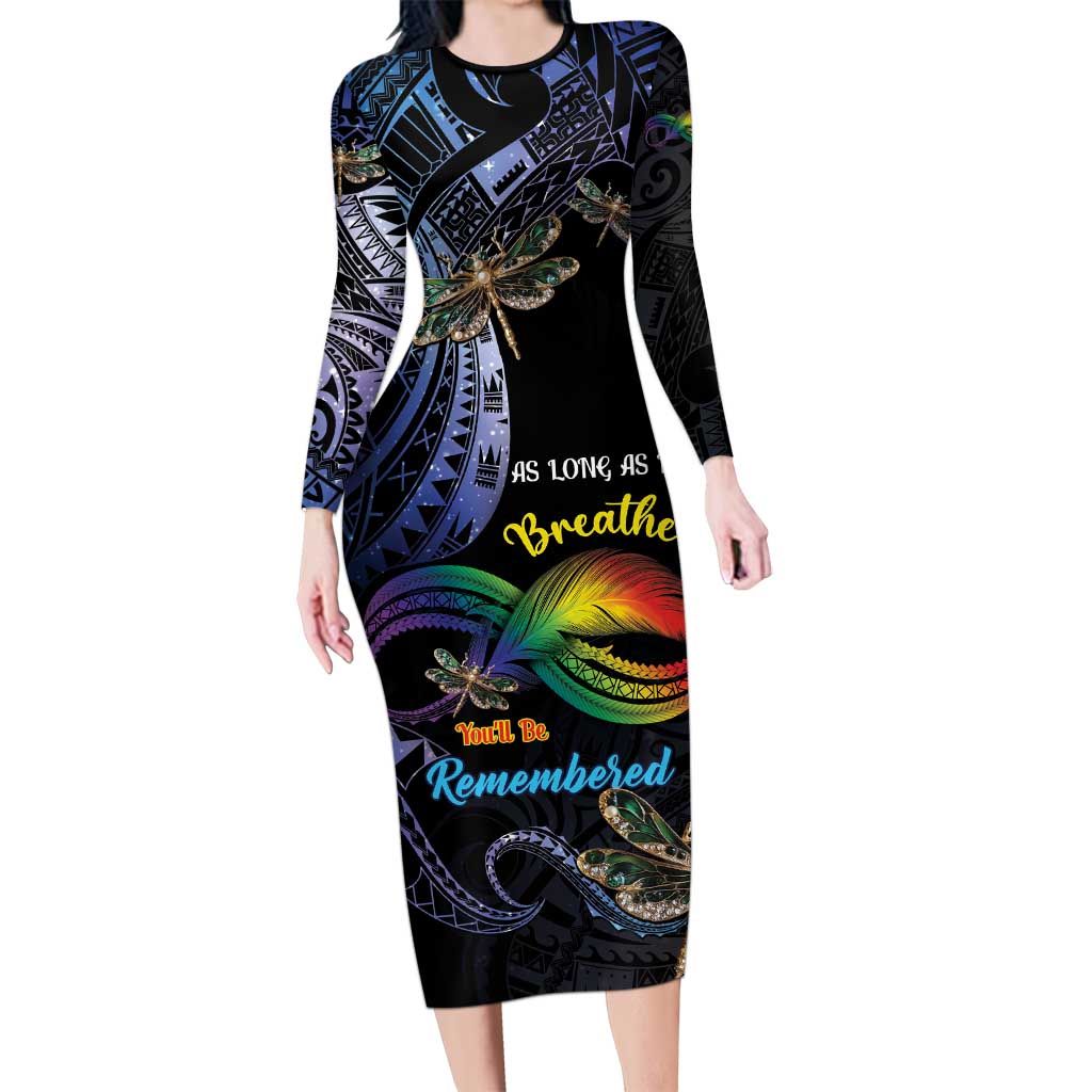 Personalised Polynesian Memorial Long Sleeve Bodycon Dress As Long As I Breathe You'll Be Remembered