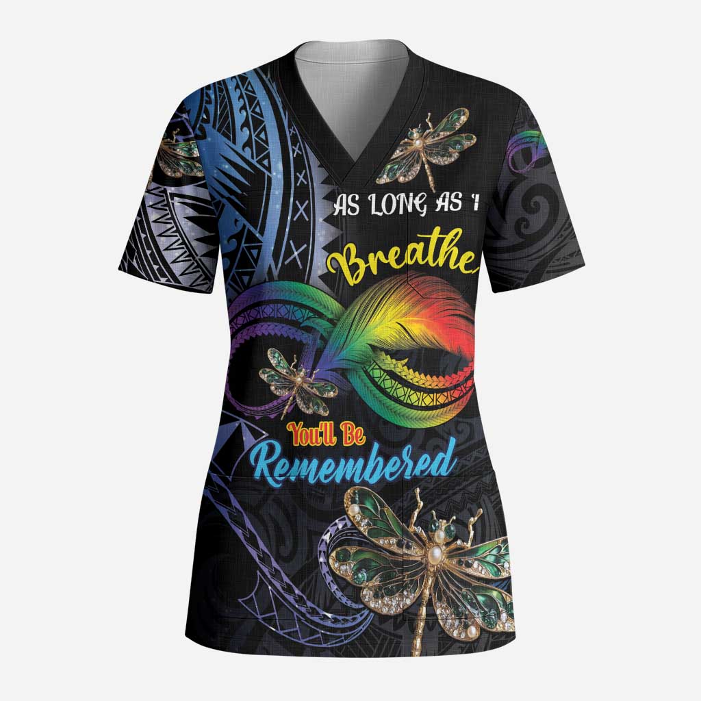Personalised Polynesian Memorial Scrub Top As Long As I Breathe You'll Be Remembered LT01 Adult Colorful - Polynesian Pride