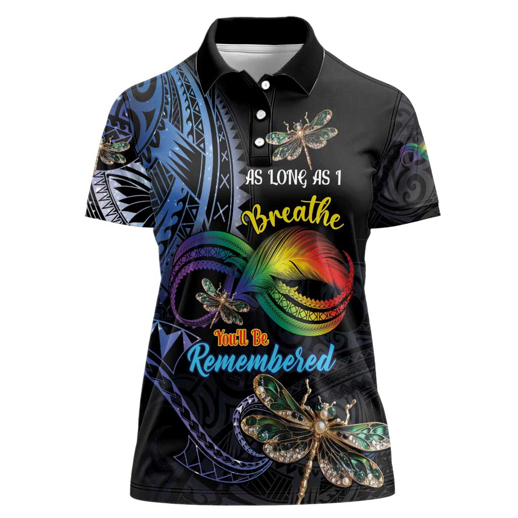 Personalised Polynesian Memorial Women Polo Shirt As Long As I Breathe You'll Be Remembered