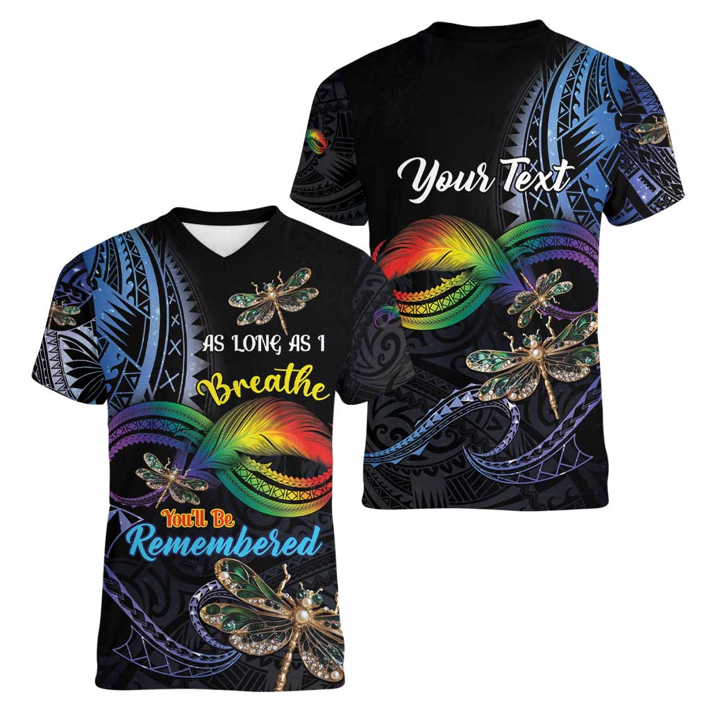 Personalised Polynesian Memorial Women V-Neck T-Shirt As Long As I Breathe You'll Be Remembered LT01 - Polynesian Pride