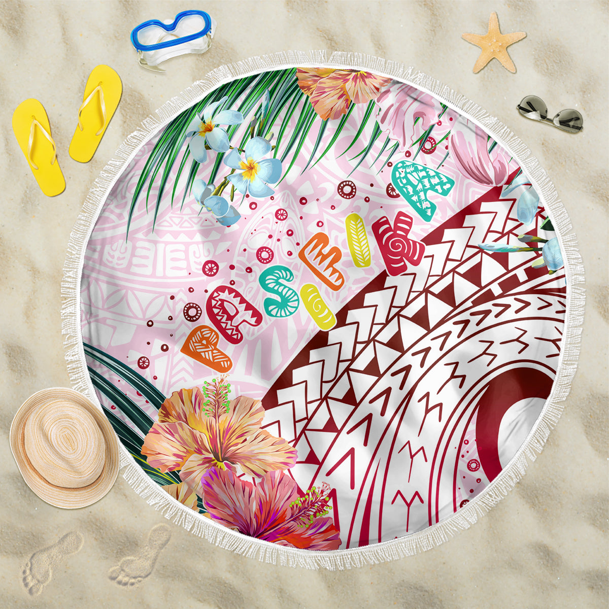 Pasifika Festival Beach Blanket Tribal Pattern Tropical Style LT01 One Size 150cm Pink - Polynesian Pride