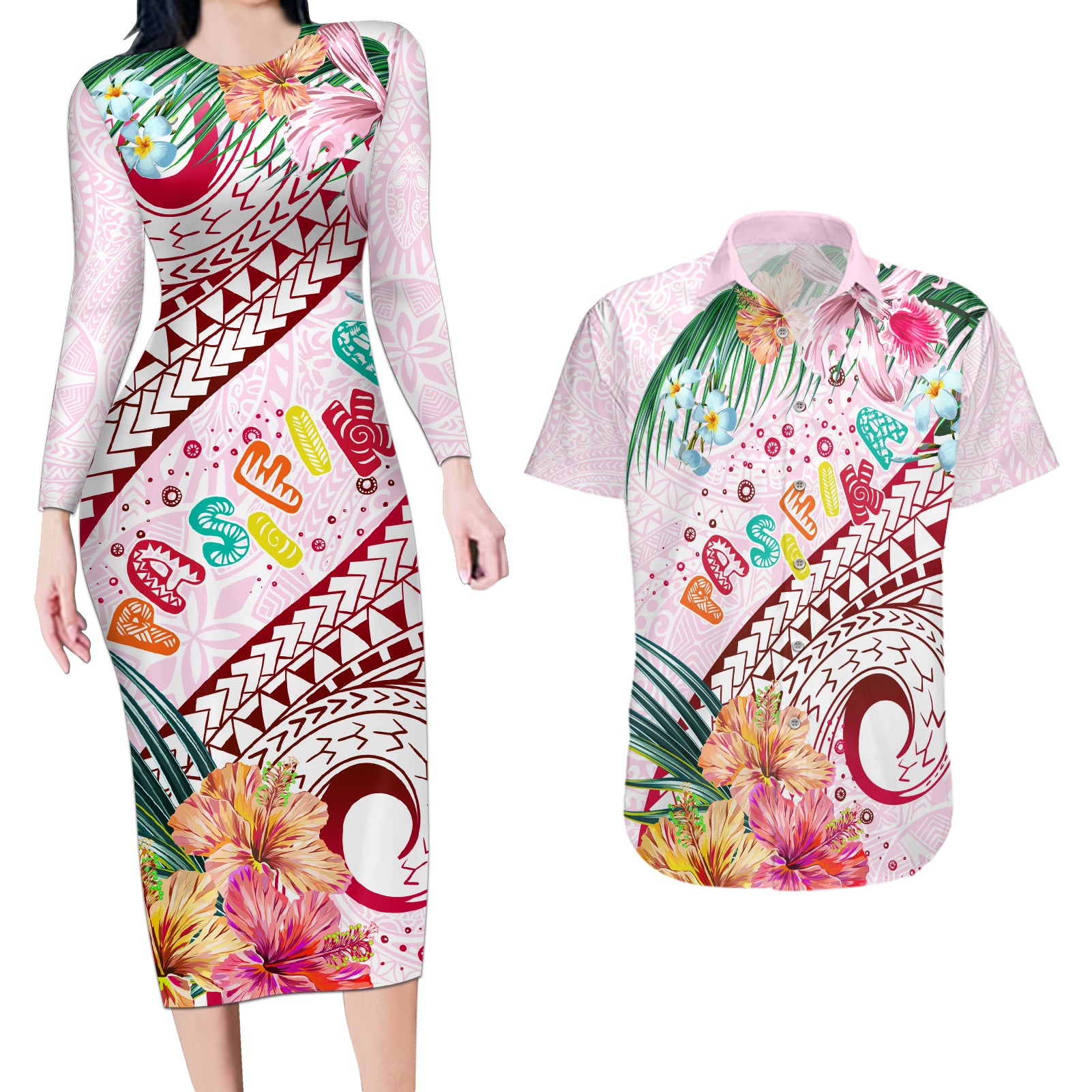 Pasifika Festival Couples Matching Long Sleeve Bodycon Dress and Hawaiian Shirt Tribal Pattern Tropical Style LT01 Pink - Polynesian Pride