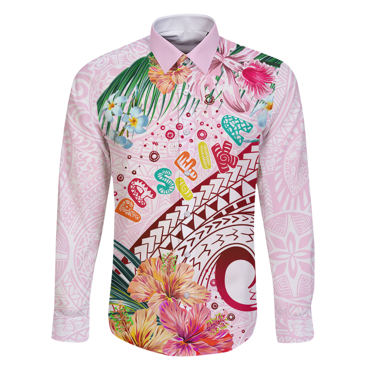 Pasifika Festival Family Matching Short Sleeve Bodycon Dress and Hawaiian Shirt Tribal Pattern Tropical Style LT01 Dad's Shirt - Long Sleeve Pink - Polynesian Pride