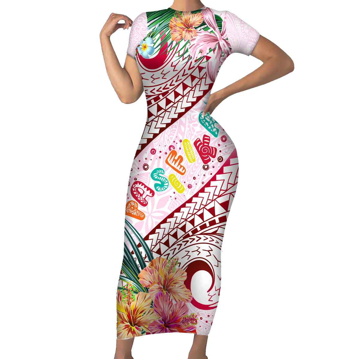 Pasifika Festival Short Sleeve Bodycon Dress Tribal Pattern Tropical Style LT01 Long Dress Pink - Polynesian Pride