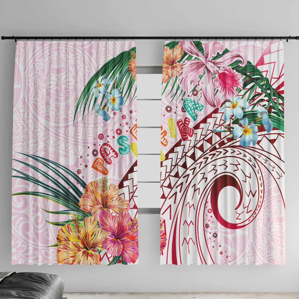 Pasifika Festival Window Curtain Tribal Pattern Tropical Style LT01 With Hooks Pink - Polynesian Pride