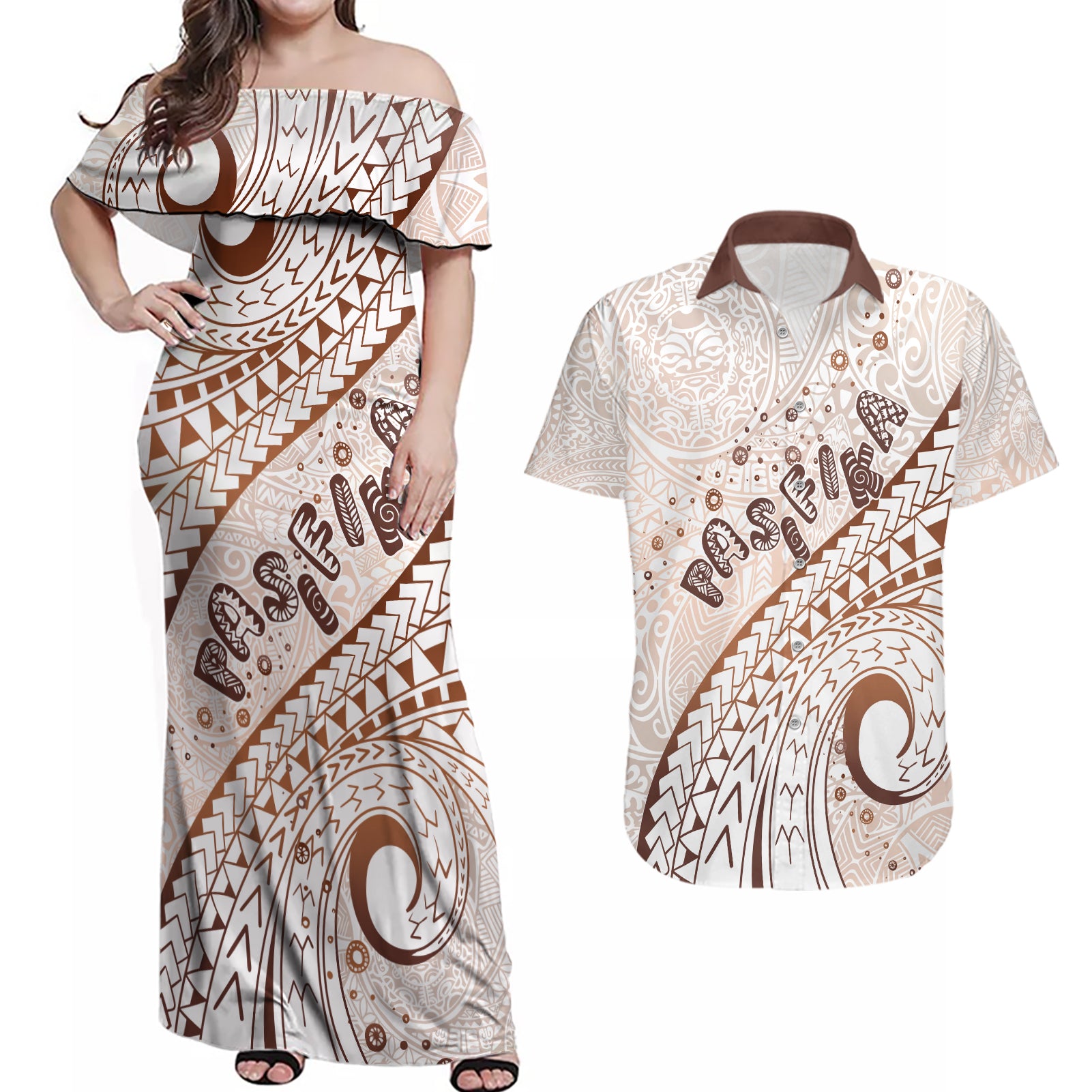 Pasifika Festival Couples Matching Off Shoulder Maxi Dress and Hawaiian Shirt Vintage Tribal Pattern LT01 Brown - Polynesian Pride