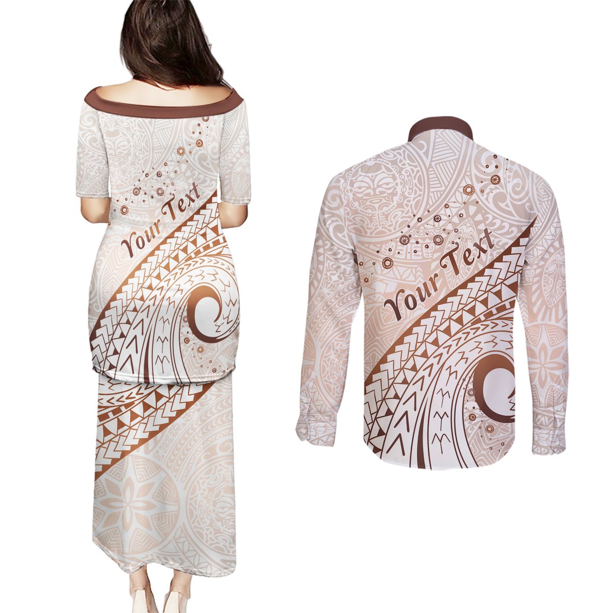 Pasifika Festival Couples Matching Puletasi and Long Sleeve Button Shirt Vintage Tribal Pattern LT01 - Polynesian Pride