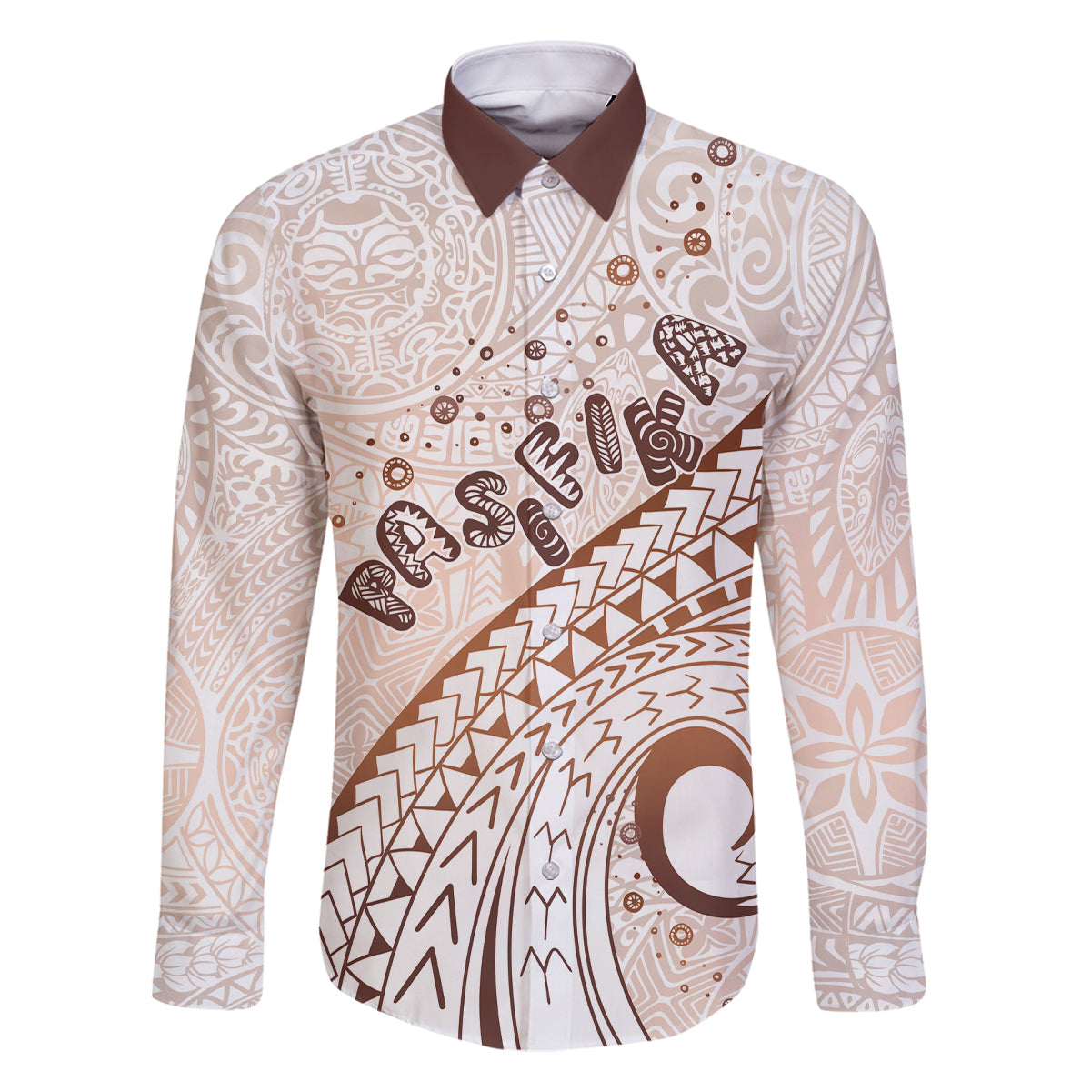 Pasifika Festival Family Matching Off Shoulder Short Dress and Hawaiian Shirt Vintage Tribal Pattern LT01 Dad's Shirt - Long Sleeve Brown - Polynesian Pride