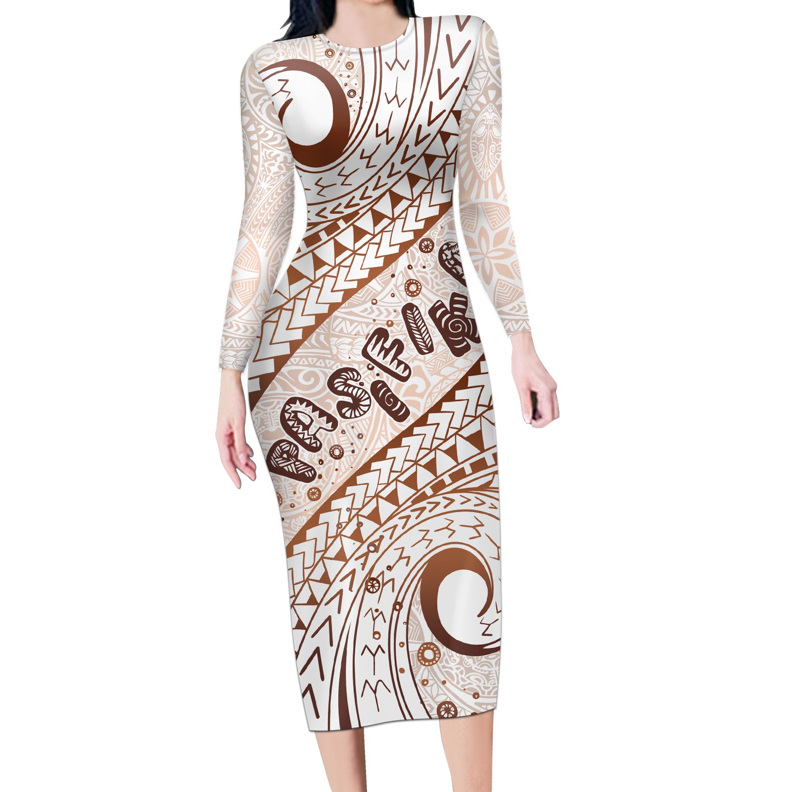 Pasifika Festival Long Sleeve Bodycon Dress Vintage Tribal Pattern LT01 Long Dress Brown - Polynesian Pride