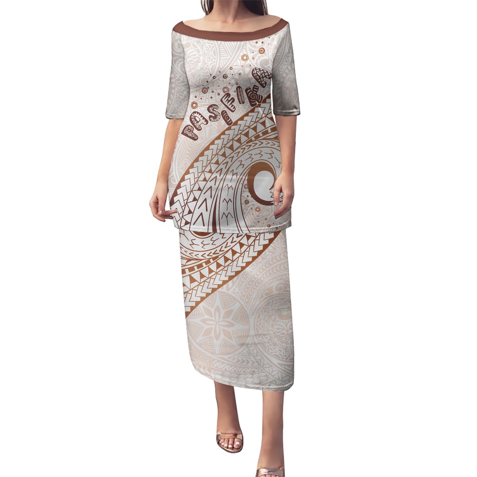 Pasifika Festival Puletasi Vintage Tribal Pattern LT01 Long Dress Brown - Polynesian Pride