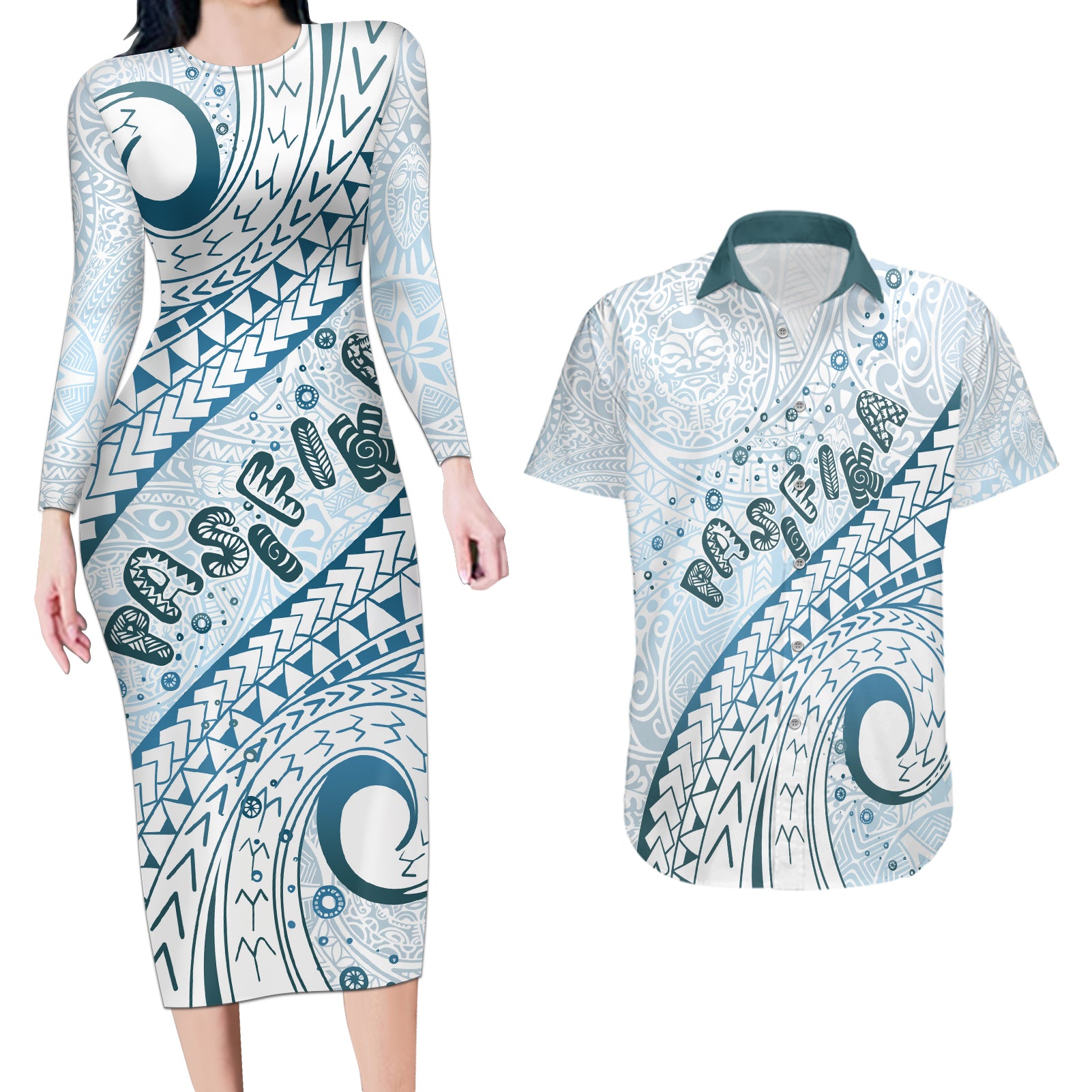 Pasifika Festival Couples Matching Long Sleeve Bodycon Dress and Hawaiian Shirt Tribal Pattern Blue Version LT01 Blue - Polynesian Pride