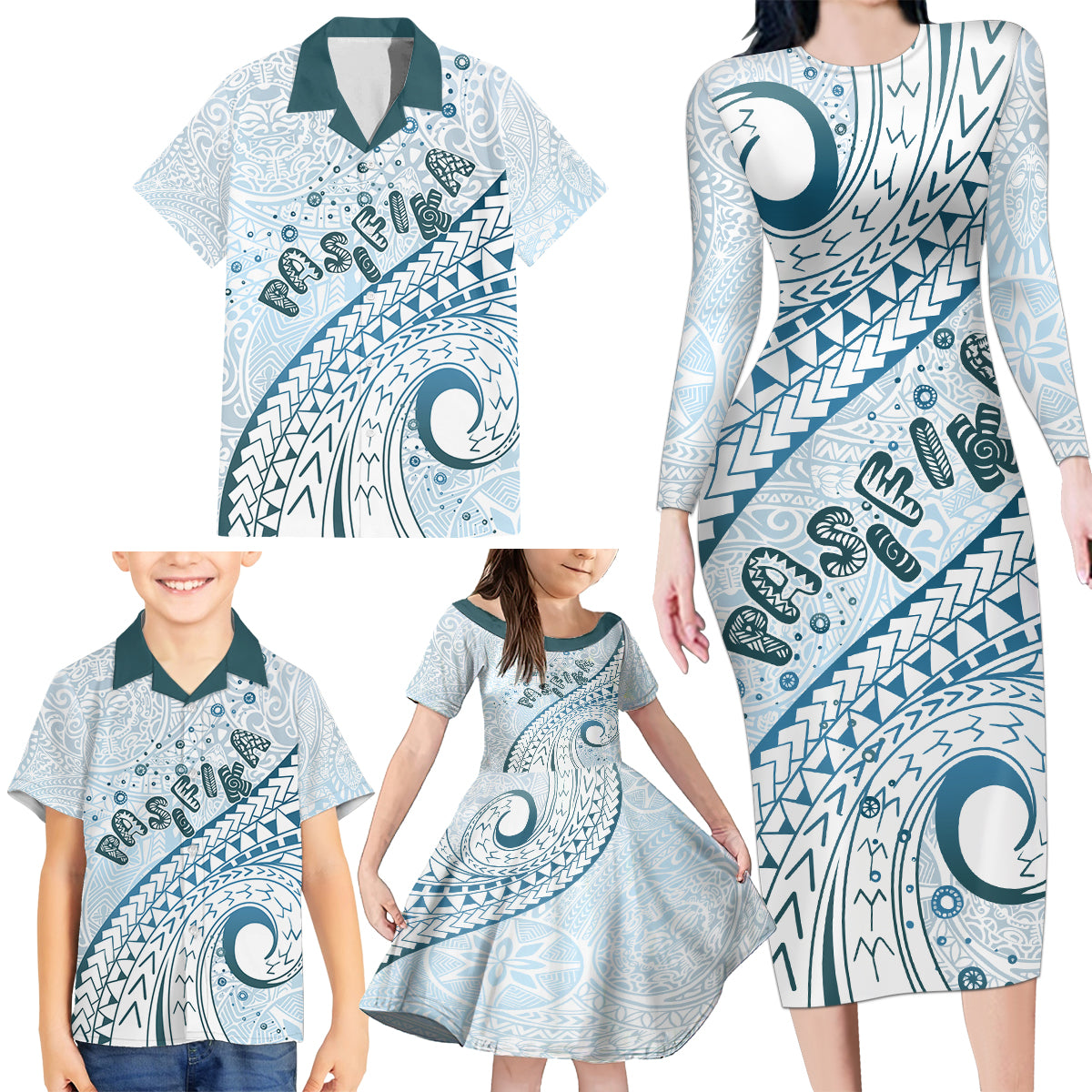 Pasifika Festival Family Matching Long Sleeve Bodycon Dress and Hawaiian Shirt Tribal Pattern Blue Version LT01 - Polynesian Pride