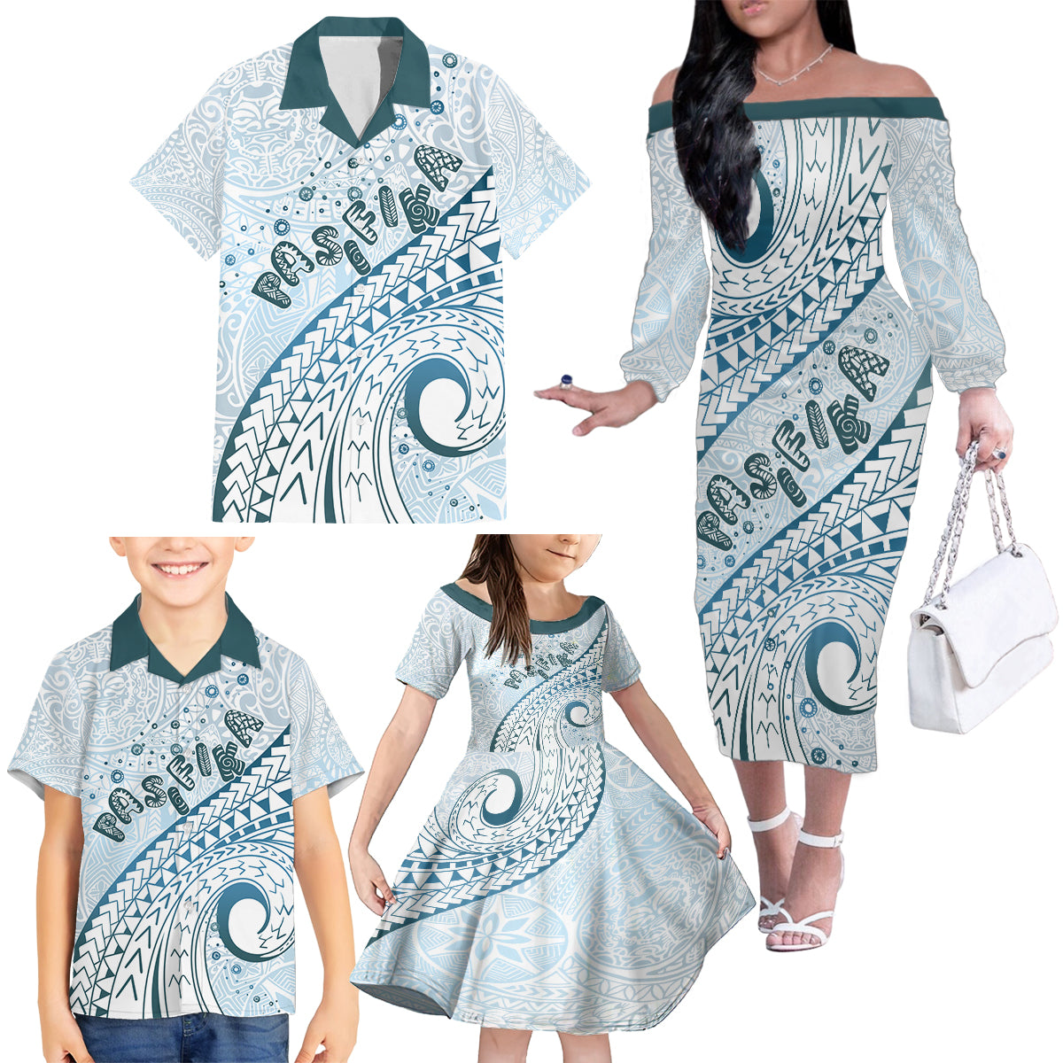 Pasifika Festival Family Matching Off Shoulder Long Sleeve Dress and Hawaiian Shirt Tribal Pattern Blue Version LT01 - Polynesian Pride