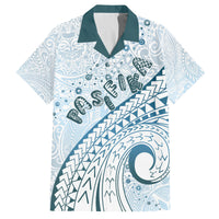 Pasifika Festival Family Matching Off Shoulder Long Sleeve Dress and Hawaiian Shirt Tribal Pattern Blue Version LT01 Dad's Shirt - Short Sleeve Blue - Polynesian Pride