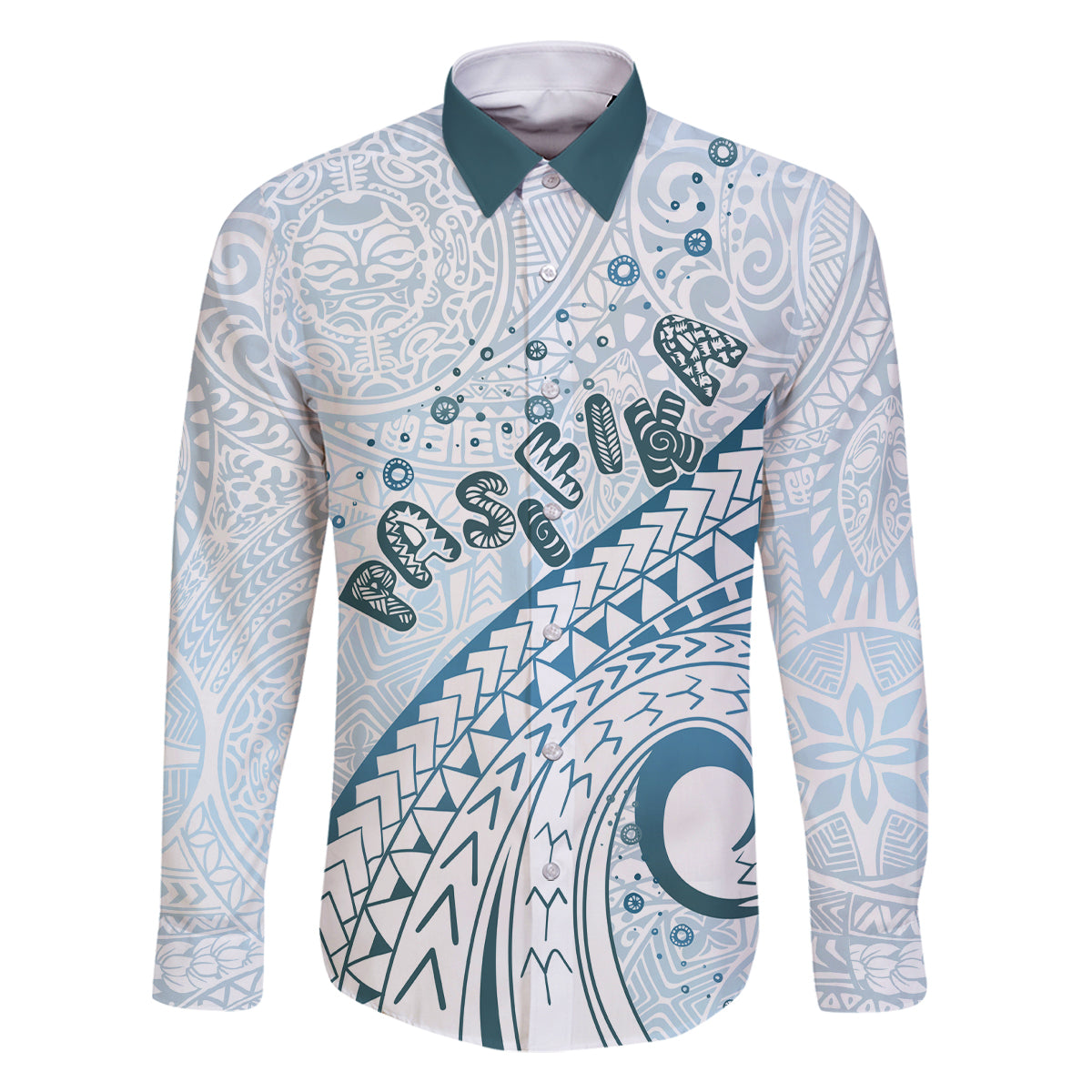 Pasifika Festival Family Matching Off Shoulder Long Sleeve Dress and Hawaiian Shirt Tribal Pattern Blue Version LT01 Dad's Shirt - Long Sleeve Blue - Polynesian Pride