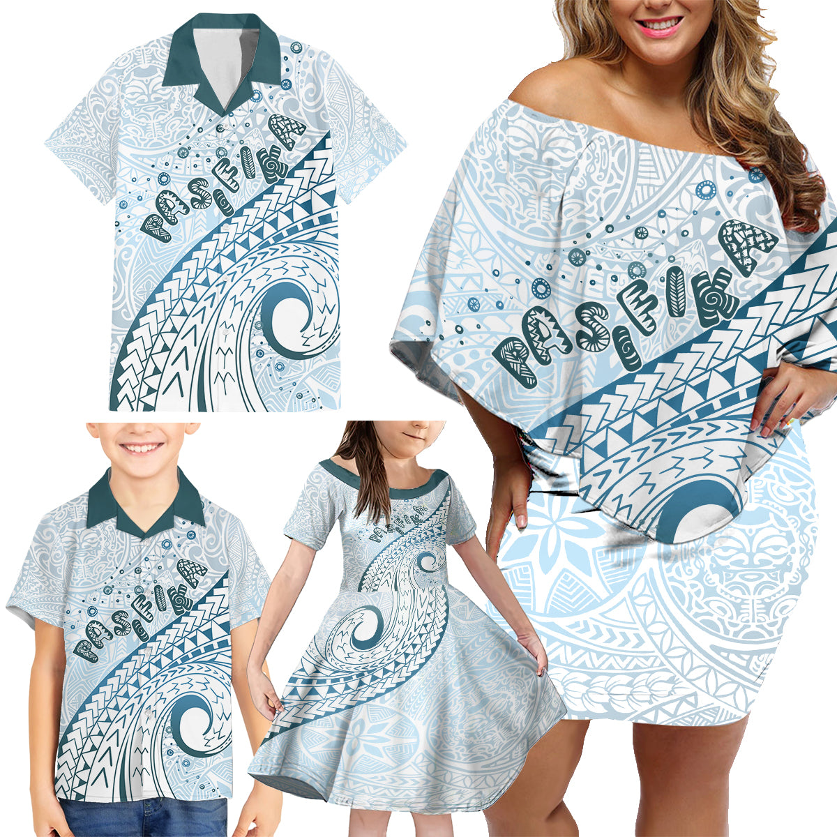 Pasifika Festival Family Matching Off Shoulder Short Dress and Hawaiian Shirt Tribal Pattern Blue Version LT01 - Polynesian Pride