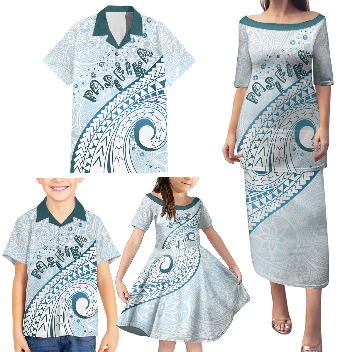 Pasifika Festival Family Matching Puletasi and Hawaiian Shirt Tribal Pattern Blue Version LT01 - Polynesian Pride