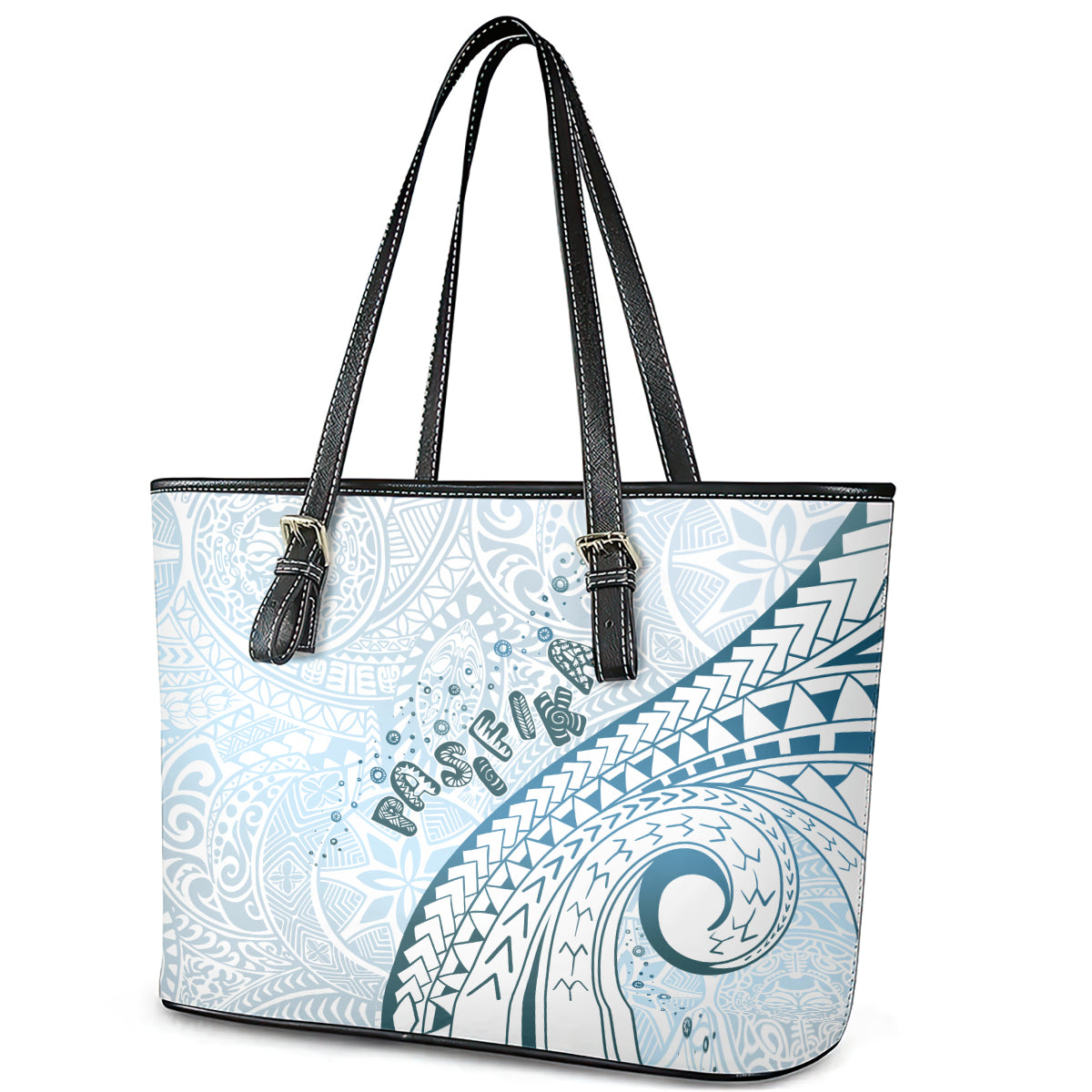 Pasifika Festival Leather Tote Bag Tribal Pattern Blue Version LT01 - Polynesian Pride