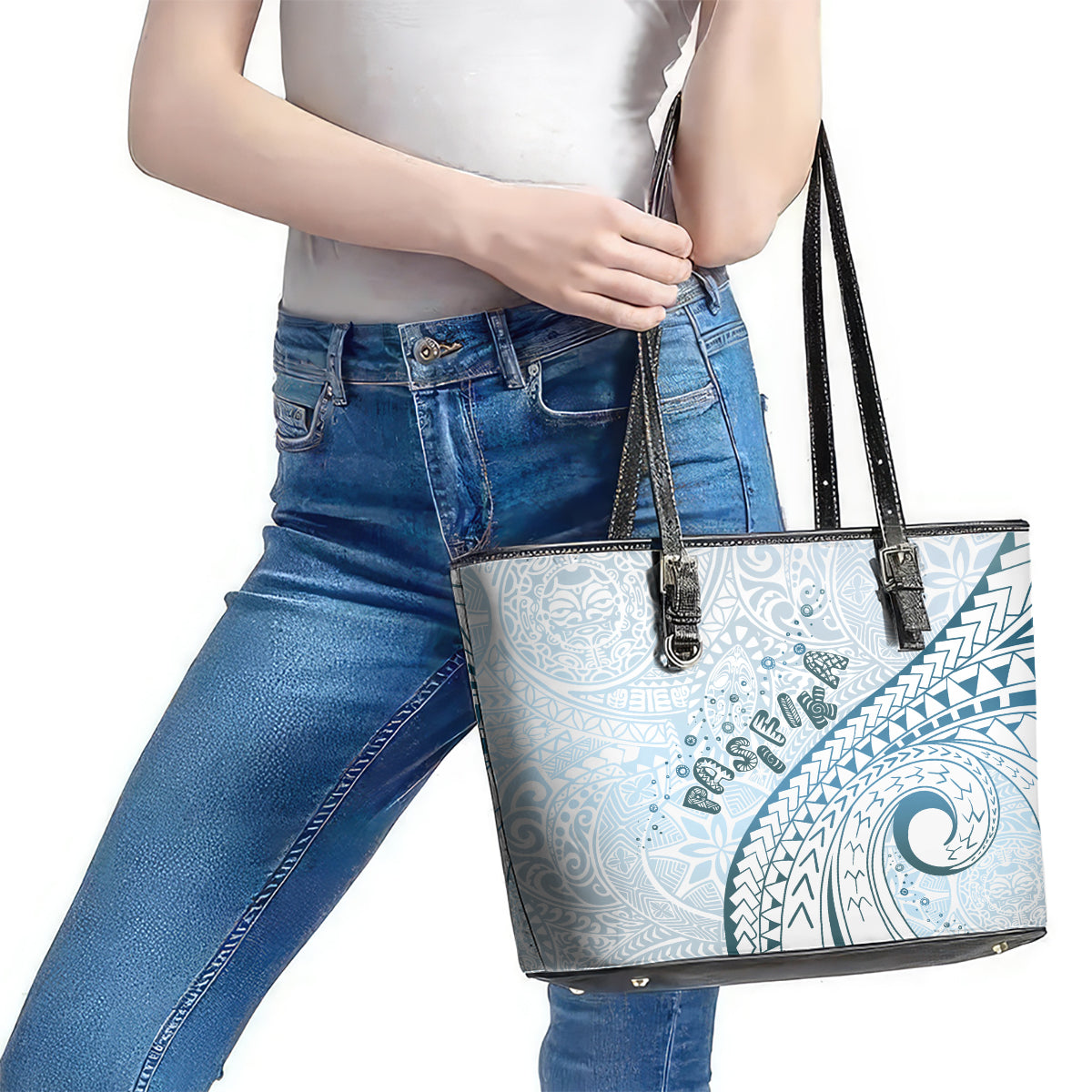 Pasifika Festival Leather Tote Bag Tribal Pattern Blue Version LT01 - Polynesian Pride